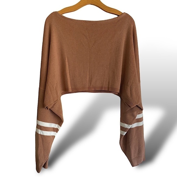 Y2K Varsity Double Striped Cropped Acrylic Sweater SIZE Large Brown & Wh… - Picture 2 of 11